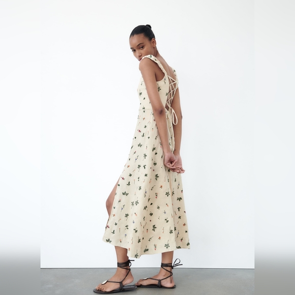 New Zara Floral Embordied Lien Dress 4786/254 - Picture 10 of 17